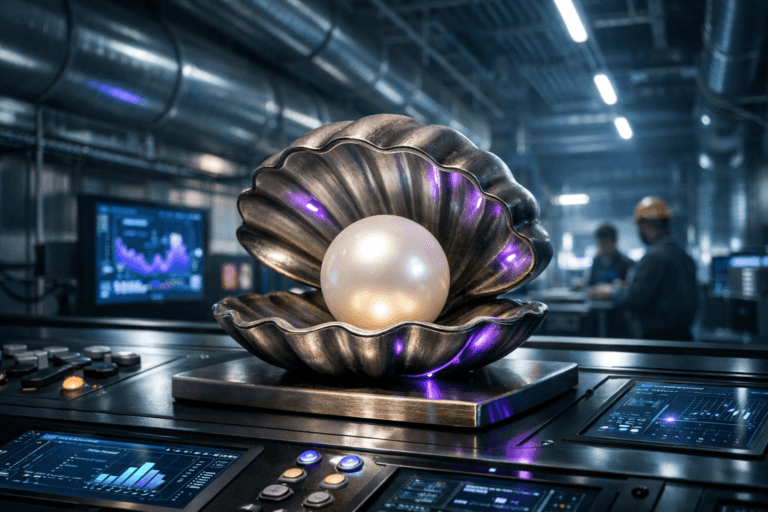 A photorealistic medium-wide cinematic shot, camera positioned approximately 1–2 meters from the subject, capturing a meticulously crafted, realistic desk-sized sculpture of a perfect luminous pearl cradled in an open brushed-metal shell, resting on a sleek industrial control console and subtly symbolizing a high-value Industry 4.0 insight emerging from complex factory data clearly readable within a realistic environment. The object integrates subtle electric-purple accents indicating intelligence or activity without overpowering realism. Set in a clean, modern metallic ventilation corridor inside a Brazilian smart factory, with polished steel duct walls, visible ducting and cable trays, soft blue-white LED strip lighting, and distant industrial monitors casting cool cyan and electric-purple reflections as a Tech-Noir backdrop, with natural human presence in the background or periphery. Lighting is low-key and practical, complemented by a soft integrated white spotlight from above or the side, gently revealing form, texture, and depth. Cinematic realism, natural depth of field, premium materials, ultra-detailed, 8K, no text, no watermarks.