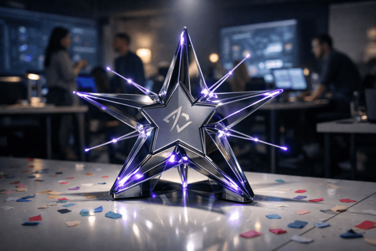 A photorealistic medium-wide cinematic shot, camera positioned approximately 1–2 meters from the subject, capturing a polished star-shaped glass-and-metal sculptural device resting on a pristine white floor, its center featuring a subtle abstract brand logo and thin illuminated rods radiating outward in all directions like network connections, clearly readable within a realistic environment. The object integrates subtle electric-purple (#7B63FF) light accents along the edges and rods, suggesting data flow and intelligence without overpowering realism. Set in a dimly lit, high-end influencer marketing control room inside a modern open-plan office, the white floor partially scattered with colorful paper confetti from a recent campaign celebration, surrounded by sleek minimalist desks, large wall-mounted screens and laptops showing softly blurred analytics dashboards and social feeds, and a diverse group of modern professionals collaborating in the background and periphery, candid and slightly out of focus. Lighting is low-key and practical, with glow from screens and a few desk lamps, complemented by a soft integrated white spotlight from above that gently reveals the star sculpture’s form, texture, and depth, casting subtle reflections on the floor. Neutral corporate color palette of whites, charcoals, and deep navy, with restrained electric-purple and soft cyan neon accents creating a refined Tech-Noir mood. Cinematic realism, 35mm lens look, natural shallow-to-medium depth of field, premium materials, ultra-detailed, 8K, no text, no captions, no watermarks.