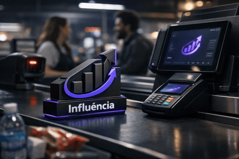 A photorealistic medium-wide cinematic shot, camera positioned approximately 1–2 meters from the subject, capturing a sleek 3D isometric physical sculpture of the Influência logo placed securely on a black supermarket checkout conveyor belt, the official logo clearly readable on the front face and subtly echoed on a nearby POS touchscreen interface, designed as a compact smart retail analytics hub with premium materials and precise edges softly rim-lit. The object integrates subtle electric-purple (#7B63FF) accents along contours and UI glows indicating intelligence and real-time data activity without overpowering realism, harmonizing with neutral corporate tones of matte black, charcoal, and soft gray. Set in a late-evening tech-noir supermarket checkout station, with a clean modern cashier counter, barcode scanner, payment terminal, and a few everyday products moving along the belt, reflections of muted neon and cool city light playing gently on polished metal and glass surfaces, with a professional cashier and a diverse customer in the mid-background, slightly out of focus, naturally interacting at the checkout. Lighting is low-key and practical from overhead fixtures, screens, and ambient store light, complemented by a soft integrated white spotlight from above and slightly to the side, gently revealing form, texture, and depth on the Influência logo sculpture and devices. Cinematic realism, natural shallow-to-medium depth of field, premium materials, ultra-detailed, 8K, no captions, no text overlays beyond the realistic logo usage, no watermarks.