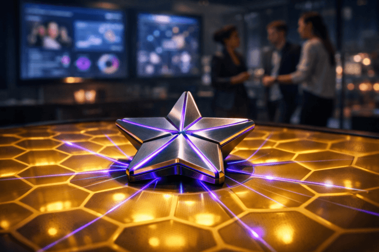 A photorealistic medium-wide cinematic shot, camera positioned approximately 1–2 meters from the subject, capturing a physical sculpted glass-and-brushed-metal star-shaped data hub device resting at the center of a sleek yellow synthetic honeycomb-pattern surface, each hexagonal cell softly illuminated, with fine luminous lines radiating from the star into the surrounding cells to suggest reach and AI-optimized influencer connections, clearly readable within a realistic environment. The object integrates subtle electric-purple #7B63FF accents along its edges and within the glowing connection lines indicating intelligence or activity without overpowering realism. Set in a modern Tech-Noir corporate marketing war room at night, with large wall-mounted screens in the background showing softly blurred analytics dashboards and influencer imagery, glass walls hinting at a city skyline outside, and a small diverse team of marketing professionals in smart-casual attire standing and collaborating around the honeycomb table in the periphery, slightly out of focus. Lighting is low-key and practical, coming from the screens, faint under-table lighting within the honeycomb surface, and a soft integrated white spotlight from above and slightly to the side, gently revealing form, texture, and depth. Cinematic realism, shot on a 35mm lens, natural shallow-to-medium depth of field, premium materials, ultra-detailed, 8K, no captions, no text overlays, no watermarks.