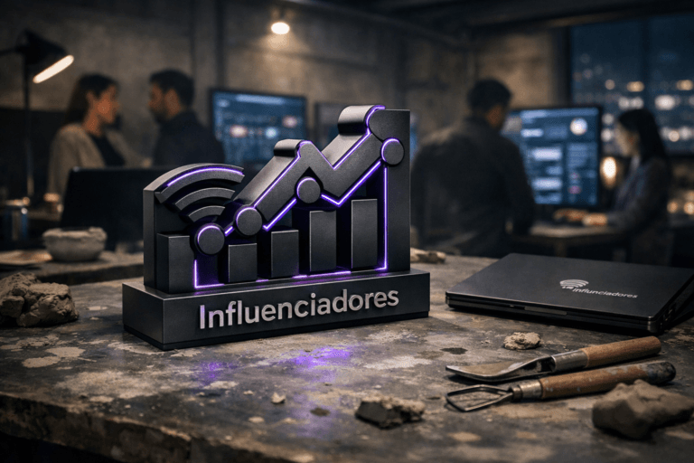 A photorealistic medium-wide cinematic shot, camera positioned approximately 1–2 meters from the subject, capturing a solid 3D isometric sculpture of the “Influenciadores” brand logo as the hero object, built from matte black metal with premium finishes, resting naturally on a gray clay-smeared ceramic worktable; the logo form is clearly readable, with subtle embedded visual hints of analytics and connection nodes, and refined electric-purple #7B63FF edge accents suggesting AI intelligence and data activity without overpowering realism. The official Influenciadores logo appears crisply on the front face of the sculpture and again as a small, secondary mark on the lid of a nearby closed laptop, integrated naturally into the scene rather than floating or glowing. Set in a Tech-Noir hybrid creative studio that blends a ceramics workshop and an influencer performance “war room”: the foreground shows the textured ceramic table with tools and a few understated clay splatters, while the mid-ground and background reveal a modern workspace with sleek laptops and vertical monitors displaying softly blurred performance dashboards and social feeds (no readable text), exposed concrete walls, cable runs, and a distant nighttime city glow seeping through a high side window. A diverse group of realistic, professionally dressed people appear in the background and periphery, casually collaborating around screens with neutral expressions and candid postures, kept slightly out of focus so the logo sculpture remains the dominant focal point. Lighting is low-key and practical, coming from desk lamps, monitor glow, and a faint city light, complemented by a soft integrated white spotlight from above and slightly to the side that gently sculpts the logo’s form, metal texture, and the rough clay surface of the table; subtle electric-purple reflections and restrained neon accents play across nearby surfaces, reinforcing the Tech-Noir mood within a neutral corporate palette of charcoals, grays, and deep blues. Cinematic realism, 35mm lens look, natural shallow-to-medium depth of field, ultra-detailed materials and reflections, premium commercial photography style, 8K resolution, no captions, no text overlays, no watermarks.