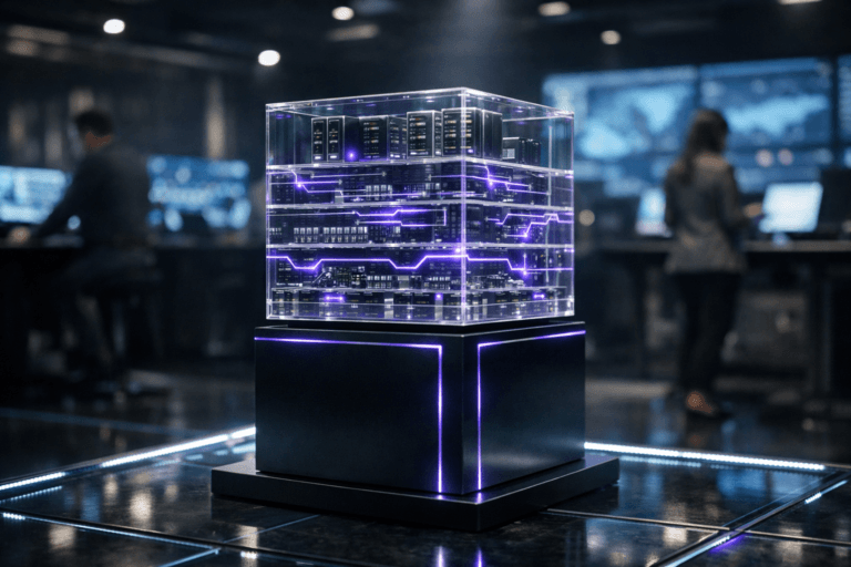 A photorealistic medium-wide cinematic shot, camera positioned approximately 1–2 meters from the subject, capturing a waist-height transparent acrylic cube sculpture that physically represents Infrastructure as Code—stacked, chessboard-like layers suggesting servers, networks, and pipelines, with tiny embedded server rack forms and etched circuit paths—mounted on a sleek black pedestal standing on a thick tempered glass floor with softly glowing LED edges, clearly readable within a realistic environment. The object integrates subtle electric-purple #7B63FF accents flowing through the etched circuit paths and along the pedestal edges, indicating intelligence or activity without overpowering realism. Set in a dark, high-end digital war room operations center with a glass floor featuring LED strips along the seams, wall-to-wall monitoring screens and dashboards softly blurred in the background, and a few diverse engineers in business-casual attire working at consoles or standing tables at the periphery, slightly out of focus to keep the sculpture as the hero. Lighting is low-key and practical, coming from the floor LEDs, overhead recessed fixtures, and the cool glow of the large screens, complemented by a soft integrated white spotlight from above and slightly to the side, gently revealing form, texture, and depth on the acrylic cube, pedestal, and glass floor. Cinematic realism with a subtle Tech-Noir mood, neutral corporate greys and charcoal tones accented by restrained electric purple and cool cyan reflections, natural shallow-to-medium depth of field, premium materials, ultra-detailed, 8K, no captions, no text overlays, no UI elements, no watermarks.