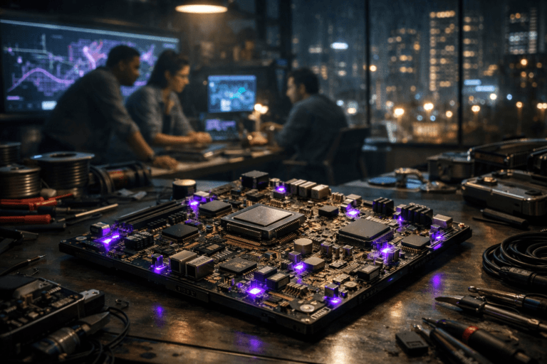 A photorealistic medium-wide cinematic shot, camera positioned approximately 1–2 meters from the subject, capturing a complex, high-end urban-infrastructure control motherboard lying flat on a robotics assembly workbench as the hero object, with dense copper traces, microchips, and softly glowing components clearly readable within a realistic environment. The object integrates subtle electric-purple (#7B63FF) accent LEDs and faint circuit glows indicating intelligence and real-time activity without overpowering realism. Set in a dim, tech-noir robotics and smart-city infrastructure lab in a contemporary Brazilian city, with a long workbench, scattered precision tools, cable spools, sensor modules, and open device housings, and in the background large glass panels hinting at a rainy nighttime skyline with illuminated office towers and synchronized streetlights. Natural human presence in the background and periphery: diverse engineers in smart-casual clothing, slightly out of focus, collaborating around glowing monitors and a wall-scale urban control dashboard showing abstract maps and graphs without legible text. Lighting is low-key and practical, coming from overhead industrial fixtures, task lamps, and screen glow, complemented by a soft integrated white spotlight from above that gently reveals the motherboard’s form, texture, and depth and creates subtle reflections on its metallic surfaces. Cinematic realism with a 35mm–50mm photographic look, natural shallow-to-medium depth of field, premium materials, ultra-detailed, subtle neon reflections with restrained electric-purple accents, clean composition, no captions, no text overlays, no watermarks, 8K.