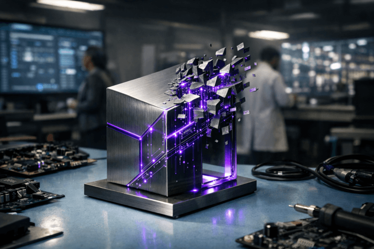 A photorealistic medium-wide cinematic shot, camera positioned approximately 1–2 meters from the subject, capturing a sleek physical desk sculpture representing disruptive innovation: a premium metallic and glass cube resting on a light-blue anti-static hardware lab bench, its upper corner seemingly “breaking apart” into precise floating shards, embedded circuit traces, and tiny data-bar elements, with subtle electric-purple #7B63FF light pulsing along engraved lines and edges, clearly readable within a realistic environment. The object integrates subtle electric-purple accents indicating intelligence or activity without overpowering realism. Set in a real late-night hardware R&D lab with a pale blue anti-static workbench surface, open circuit boards, cables, and tools around the sculpture, large wall-mounted screens in the background displaying blurred analytics dashboards and a highly automated factory floor, soft reflections of teal and purple tech-noir screen glow on nearby metal surfaces, and a few diverse engineers in business-casual attire and lab coats collaborating in the periphery, partially out of focus. Lighting is low-key and practical, coming from overhead lab panels, monitor glow, and a soft integrated white spotlight from the upper side gently revealing the sculpture’s form, brushed metal texture, and glass transparency, with the background receding into tasteful shadow. Cinematic realism, natural shallow-to-medium depth of field, neutral corporate palette with restrained neon accents, premium materials, ultra-detailed, 8K, no text, no watermarks.