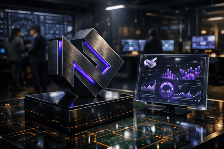 A photorealistic medium-wide cinematic shot, camera positioned approximately 1–2 meters from the subject, capturing a physical 3D isometric sculpture of the “Inovação” brand logo in brushed dark metal, edges softly illuminated with electric-purple #7B63FF accents, mounted on a sleek black glass pedestal embedded with subtle PCB-like copper traces, with the same logo tastefully repeated on a nearby transparent holographic dashboard screen displaying abstract analytics, clearly readable within a realistic environment. The object integrates subtle electric-purple accents indicating intelligence or activity without overpowering realism. Set in a Tech-Noir corporate innovation war room at night, built around a giant green printed-circuit-board style floor where copper traces glow gently beneath glass, surrounded by glass walls, large wall-mounted KPI dashboards, and several diverse professionals in business-casual attire collaborating at workstations and standing near interactive screens in the background, slightly out of focus. Lighting is low-key and practical, coming from monitors, desk lamps, and a few overhead linear fixtures, complemented by a soft integrated white spotlight from above and the side that gently reveals the logo’s form, texture, and depth, with reflections on the PCB floor. Shot on a 35mm lens, cinematic realism, natural depth of field, premium materials, ultra-detailed, 8K, no text, no captions, no watermarks.