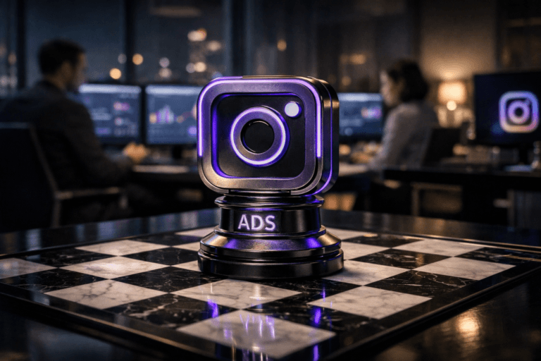 A photorealistic medium-wide cinematic shot, camera positioned approximately 1–2 meters from the subject, capturing a solid, premium 3D object in the shape of the official Instagram logo, subtly adapted to represent Instagram Ads as a sculptural chess piece standing on a glossy black-and-white marble chessboard, the Instagram glyph clearly visible on its front surface, edges and insets accented with a restrained electric purple #7B63FF glow that suggests data and intelligence without feeling sci‑fi. The chessboard rests on a sleek dark glass conference table inside a modern tech office at night, large floor-to-ceiling windows revealing a softly blurred city skyline with scattered neon reflections. In the background and periphery, out-of-focus professionals in smart casual attire collaborate around dual-monitor setups showing Instagram Ads dashboards and analytics graphs (no readable text), with a few additional screens and reflections carrying the Instagram logo in a subtle, secondary way. Lighting is low-key and practical, coming from the monitors, a distant desk lamp, and a soft integrated white spotlight from above that gently highlights the Instagram logo chess piece and the marble texture of the board, creating controlled reflections and shadow falloff across the table. The mood is Tech-Noir and strategic, like a high-end “control room” for ad operations, with neutral corporate tones (charcoal, slate, soft beige) contrasted by restrained electric-purple accents in UI elements and screen glows. Cinematic realism, natural shallow-to-medium depth of field, premium materials, ultra-detailed, 8K, no captions, no text overlays, no watermarks.