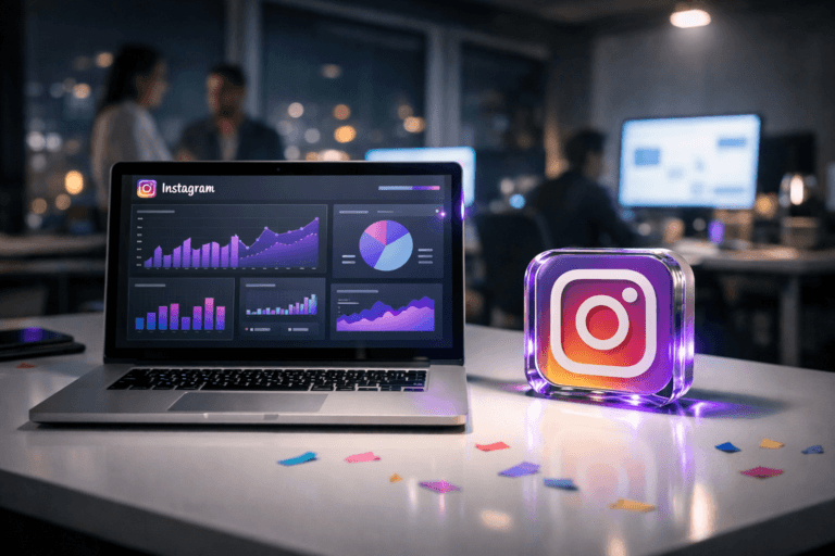 A photorealistic medium-wide cinematic shot, camera positioned approximately 1–2 meters from the subject, capturing a sleek white analytics workstation with a high-end laptop and a small physical 3D acrylic Instagram logo sculpture as the hero object, the laptop screen displaying an Instagram Insights-style analytics dashboard with the official Instagram logo clearly visible in the interface, abstract charts and graphs without readable text, subtle electric-purple #7B63FF highlights along the screen edges and reflected in the acrylic logo, clearly readable within a realistic environment. The object integrates subtle electric-purple accents indicating intelligence or activity without overpowering realism. Set in a dimly lit modern social media command-center office at night, with a pristine white desk scattered with a few colorful paper confetti pieces suggesting a recent campaign celebration, large windows revealing a softly blurred city skyline, additional monitors casting cool ambient light in the background, and diverse marketing professionals softly out of focus collaborating around other workstations, cool neutral architectural tones contrasted with restrained neon reflections for a Tech-Noir atmosphere, with natural human presence in the background or periphery. Lighting is low-key and practical, complemented by a soft integrated white spotlight from above or the side, gently revealing form, texture, and depth. Cinematic realism, natural depth of field, premium materials, ultra-detailed, 8K.