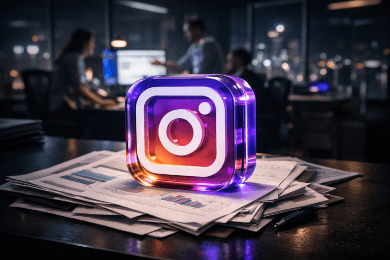 A photorealistic medium-wide cinematic shot, camera positioned approximately 1–2 meters from the subject, capturing a tangible 3D isometric acrylic sculpture of the official Instagram logo as the hero object, its glossy edges, gradient color and inner iconography clearly readable, resting naturally on a slightly disordered stack of printed financial reports and business newspapers on a dark modern office desk in the foreground. The object integrates subtle electric-purple (#7B63FF) accents along its inner edges and reflections, suggesting data flow, automation and intelligence without overpowering realism. Set in a dimly lit, glass-walled marketing analytics office at night overlooking a futuristic cityscape with soft neon reflections on the windows and faint dashboard glow from nearby monitors, with a small group of diverse marketing professionals in business-casual attire collaborating around workstations in the softly blurred background. Lighting is low-key and practical, coming from computer screens, a desk lamp and city light spill, complemented by a soft integrated white spotlight from above and slightly to the side, gently revealing the logo sculpture, the texture of the printed reports and the desk surface, with subtle shadows and depth. Cinematic realism, natural shallow-to-medium depth of field, neutral corporate tones with restrained electric-purple and cool blue accents, premium materials, ultra-detailed, 8K, no captions, no text overlays, no watermarks.