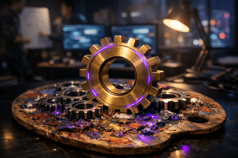 A photorealistic medium-wide cinematic shot, camera positioned approximately 1–2 meters from the subject, capturing a large brushed-gold master gear resting firmly on a worn wooden painter’s palette thick with colorful oil paints, surrounded by smaller interlocking steel gears partially embedded in the dried paint, clearly readable as a physical centerpiece symbolizing a central API integration hub orchestrating multiple systems within a realistic environment. The object integrates subtle electric-purple (#7B63FF) accents indicating intelligence or activity without overpowering realism, such as faint luminous lines tracing along the teeth of the main gear and delicate reflections of purple light on the oily paint. Set in a dimly lit contemporary tech office at night with a Tech-Noir atmosphere, the palette and gears sit on a sleek dark desk in front of multiple monitors showing soft, abstract data flows and dashboards (no legible text), neon city lights filtering through a window, scattered peripherals and cables hinting at an active integration workspace, with natural human presence in the background or periphery as a few out-of-focus diverse professionals collaborate around screens and whiteboards. Lighting is low-key and practical, coming from the monitors, a nearby desk lamp and distant city glow, complemented by a soft integrated white spotlight from above that gently reveals the metallic texture of the gears, the glossy thickness of the oil paints and the grain of the wooden palette, adding depth and subtle shadows. Cinematic realism, 35mm lens look, natural depth of field with the hero object in sharp focus and the office environment softly blurred, premium materials, ultra-detailed, 8K, no captions, no text overlays, no watermarks.