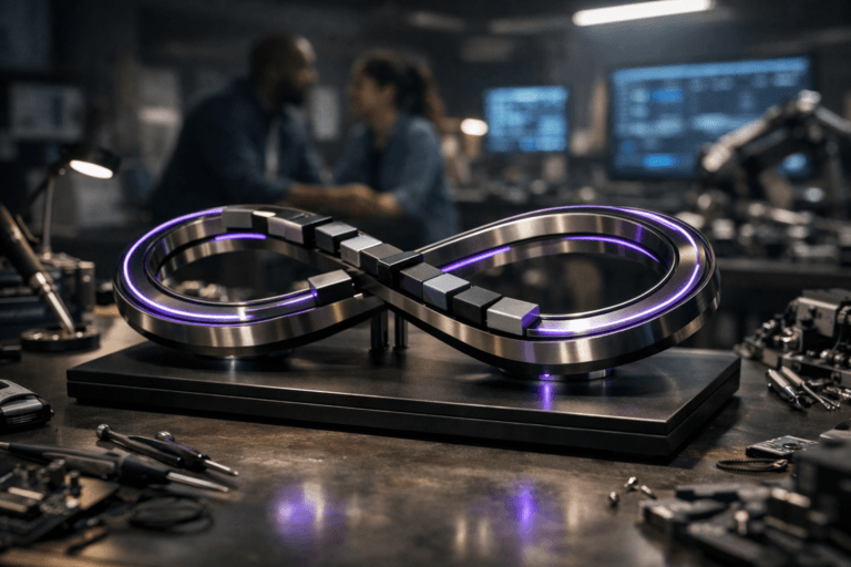 A photorealistic medium-wide cinematic shot, camera positioned approximately 1–2 meters from the subject, capturing a sleek tabletop kinetic sculpture that physically represents Continuous Integration: an elegant looping metal conveyor-like track forming an endless circuit, with modular matte-black and brushed-steel blocks moving along the path, slim inlaid LED segments and thin light strips glowing in subtle electric purple #7B63FF tracing the flow, all mounted on a premium dark composite base, clearly readable within a realistic environment. The object integrates subtle electric-purple accents indicating intelligence or activity without overpowering realism. Set in a robotics assembly workbench inside a modern tech lab at night, with scattered precision tools, screwdrivers, soldering irons, circuit boards, loose cabling, and partially assembled robotic components on the table, soft reflections on metallic surfaces, and a couple of diverse engineers in the blurred background collaborating quietly, large monitors and status dashboards casting cool screen light, creating a grounded tech-noir atmosphere. Lighting is low-key and practical, coming from overhead industrial fixtures, task lamps, glowing monitors, and the sculpture’s own LEDs, complemented by a soft integrated white spotlight from above and slightly to the side, gently revealing form, texture, and depth. Cinematic realism, natural shallow-to-medium depth of field with a 35mm photographic look, neutral corporate tones with restrained neon purple and cyan accents, premium materials, ultra-detailed, 8K, no text, no captions, no watermarks.