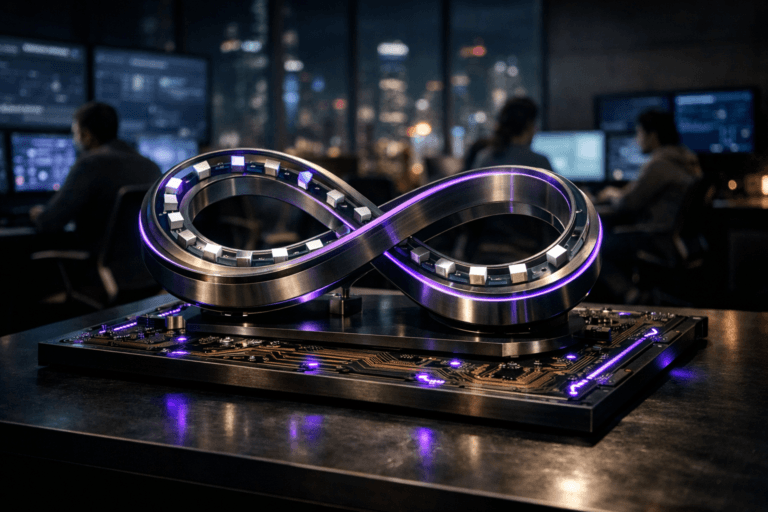 A photorealistic medium-wide cinematic shot, camera positioned approximately 1–2 meters from the subject, capturing a sleek physical kinetic sculpture inspired by Continuous Integration and Continuous Delivery: an endless loop conveyor-like track made of brushed dark metal and glass, mounted on a giant green printed circuit board base with intricate copper traces, sitting on a modern workstation desk, the sculpted path holding small illuminated metallic blocks that subtly suggest code builds flowing continuously, clearly readable within a realistic environment. The object integrates subtle electric-purple (#7B63FF) LED accents along the track and within the PCB base, indicating intelligence and constant activity without overpowering realism. Set in a Tech-Noir corporate DevOps command center at night, with floor-to-ceiling windows revealing a distant city skyline with soft neon reflections, walls lined with large monitors showing abstract, unreadable system dashboards, and dark furniture with metallic details; a small group of diverse software engineers works candidly at nearby workstations in the background, slightly out of focus, adding natural human presence without competing with the sculpture. Lighting is low-key and practical, coming from monitor glow, distant city lights, and a few desk lamps, complemented by a soft integrated white spotlight from above that gently reveals the form, texture, and depth of the CI/CD sculpture and PCB base, casting controlled shadows across the desk surface. Cinematic realism, 35mm lens look, natural shallow-to-medium depth of field, premium materials, ultra-detailed surfaces and reflections, restrained neon color palette with neutral corporate tones and electric-purple accents, no captions, no interface overlays, no visible text, no watermarks.