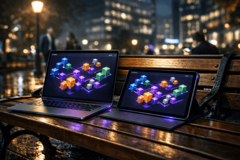 A photorealistic medium-wide cinematic shot, camera positioned approximately 1–2 meters from the subject, capturing a sleek open laptop and a slim tablet resting side by side on a classic wooden-and-cast-iron park bench, their high-resolution screens clearly showing a unified real-time marketing control dashboard where colorful 3D data cubes are neatly organized into interconnected geometric structures, symbolizing integrated marketing data, all clearly readable within a realistic environment. The object integrates subtle electric-purple (#7B63FF) accents indicating intelligence and data flow, visible as refined highlights on the device edges, interface elements, and a faint glow around key clusters of cubes on the screens, without overpowering the natural look. Set in a moody night-time urban park with the wooden-and-cast-iron bench under a modern streetlamp, wet pavement softly reflecting nearby city lights and restrained neon signage, distant office buildings and glass facades hinting at a corporate district; a few diverse professionals in business attire pass by on a path and one person sits at the far end of the bench glancing at their phone, all slightly out of focus so the devices remain the hero. Lighting is low-key and practical, coming from the streetlamp, ambient city glow, and the cool light of the screens, complemented by a soft integrated white spotlight from the upper side that gently reveals the form, textures of the wood and metal, and the polished surfaces of the devices, creating natural shadows and depth. Cinematic realism, subtle tech-noir atmosphere, neutral corporate color palette with restrained electric-purple accents, natural depth of field, premium materials, ultra-detailed, 8K, no captions, no text overlays, no watermarks.