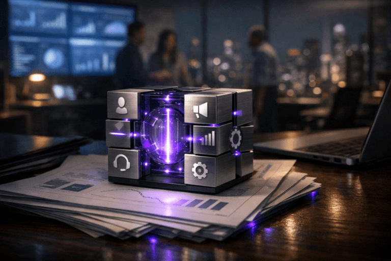 A photorealistic medium-wide cinematic shot, camera positioned approximately 1–2 meters from the subject, capturing a refined real-world hero object: a compact, premium glass-and-brushed-metal “integration core” device resting on a slightly disordered stack of printed financial reports and KPI dashboards on a dark wooden desk, the device composed of interlocking metallic modules that subtly suggest different business tools (generic CRM, ads, analytics, ERP, support icons without legible text) all physically converging into a central translucent core that emits a restrained electric-purple (#7B63FF) glow through fine light lines and tiny indicator LEDs, clearly readable within a realistic environment. The object integrates subtle electric-purple accents indicating intelligence or activity without overpowering realism, with the purple light delicately reflecting on the paper edges, desk surface, and nearby laptop chassis. Set in a late-night corporate analytics war room in a high-rise office, São Paulo–inspired skyline and blurred city lights visible through a large window in the background, multiple wall-mounted screens softly illuminating the space with cool-toned dashboards and graphs (no readable text), while a small, diverse group of professionals in business-casual attire move and collaborate in the background and periphery, slightly out of focus with natural, neutral expressions, secondary to the main object. Lighting is low-key and practical, coming from the monitor wall, a distant desk lamp, and a soft integrated white spotlight from above and slightly to the side that grazes the integration core and the pile of reports, gently revealing form, texture, paper fibers, and brushed-metal surfaces, with natural shadows adding depth. Cinematic realism, natural shallow-to-medium depth of field, subtle Tech-Noir mood with neutral corporate tones and restrained neon purple accents, premium materials, ultra-detailed, 8K, no captions, no text overlays, no watermarks.