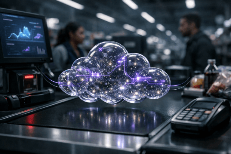 A photorealistic medium-wide cinematic shot, camera positioned approximately 1–2 meters from the subject, capturing a sleek, semi-transparent glass sculpture in the shape of interlocking cloud clusters hovering just above a black supermarket checkout conveyor belt, the “data cloud” filled with tiny luminous particles and subtle electric-purple (#7B63FF) circuit-like accents that pulse softly, with thin light trails connecting it to nearby POS screens showing softly glowing, abstract real-time dashboards and graphs (no readable text). The object is the clear hero, centered on the checkout counter surrounded by realistic details like a barcode scanner, payment terminal, and a few blurred grocery items, all rendered as premium materials with sharp reflections and subtle wear. Set in a nighttime supermarket checkout area reimagined in a Tech-Noir style, with long aisles receding into the background, cool neutral overhead fluorescents, and additional ambient light coming from digital signage and screens, creating a moody, high-tech atmosphere. Natural human presence appears in the periphery: a diverse cashier and customer slightly out of focus in the mid-ground, candid posture, neutral expressions, adding scale and realism without competing with the hero object. Lighting is low-key and practical, with a soft integrated white spotlight from above and slightly to the side gently revealing the form, transparency, and texture of the glass cloud and the matte surfaces of the conveyor, while the restrained neon purple accents signal intelligence and cloud integration without overpowering the neutral corporate palette. Cinematic realism, natural shallow-to-medium depth of field, ultra-detailed, 8K, no captions, no text overlays, no watermarks.