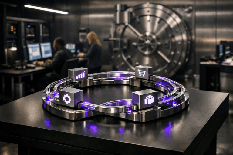 A photorealistic medium-wide cinematic shot, camera positioned approximately 1–2 meters from the subject, capturing a premium real-world hero object: a desk-sized stainless-steel and glass sculpture representing system integration, built from interlocking isometric rail-like tracks that form a circular network of “stations,” each station rendered as a small sleek metal block with minimalist iconography suggesting ERP, CRM, ecommerce and logistics, placed on a dark matte pedestal table, clearly readable within a realistic environment. The sculpture integrates subtle electric-purple #7B63FF light accents that trace along the rails and softly illuminate the nodes, indicating intelligent data flow and activity without overpowering realism. Set in a high-security bank vault reimagined as a Tech-Noir operations room, with thick brushed stainless-steel vault walls and a massive circular vault door in the background, discreet workstations with glowing monitors and server racks embedded into the steel, cables neatly managed, and a small diverse group of professionals in business-casual attire working in the background and periphery, naturally interacting with screens and equipment while remaining secondary to the sculpture. Lighting is low-key and practical, coming from overhead linear LED strips, computer screens and subtle floor lights, complemented by a soft integrated white spotlight from the side that gently reveals the form, texture and depth of the sculpture and table, creating reflections on the metal vault walls. Cinematic realism, 35mm lens look, eye-level medium-wide framing, natural shallow-to-medium depth of field, premium materials, ultra-detailed, neutral corporate palette with restrained neon purple accents, 8K, no text overlays, no UI labels, no watermarks.
