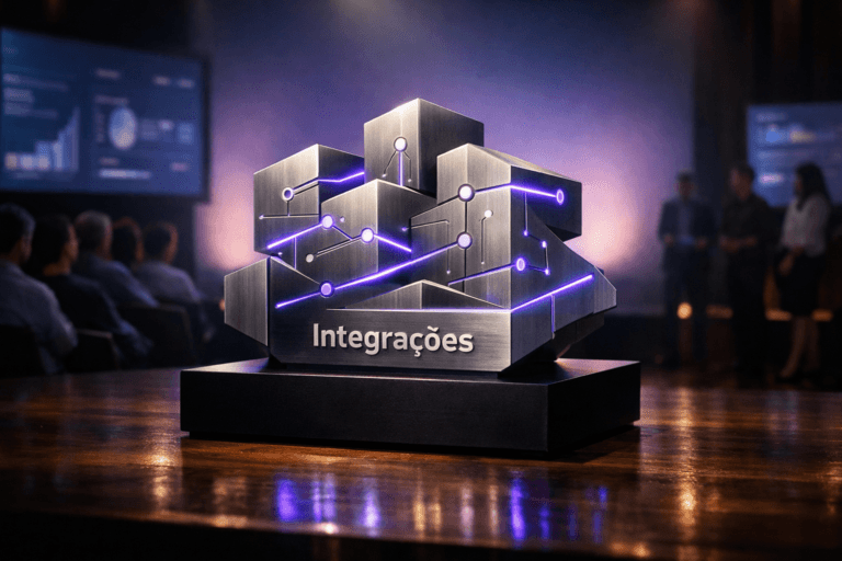 A photorealistic medium-wide cinematic shot, camera positioned approximately 1–2 meters from the subject, capturing a physical three-dimensional sculpture of the Integrações logo in sleek brushed metal on a low black pedestal at center stage, modeled in a clean isometric style with simplified geometric planes and subtle etched connection lines and node symbols suggesting data flows between CRM, marketing, BI, support, and finance systems, the official Integrações logo clearly readable on the front face of the sculpture within a realistic environment. The object integrates subtle electric-purple (#7B63FF) LED accents along its edges and connection lines indicating intelligence or activity without overpowering realism. Set in a dark-wood theater stage during a late-evening tech keynote, with the polished wooden floor catching soft reflections, a gently glowing gradient backdrop wall and side LED panels hinting at blurred dashboards and integration graphs, and a diverse group of marketing and engineering professionals seated in the dimly lit front rows or standing at the edge of the stage, kept slightly out of focus so the logo sculpture remains the clear hero, creating a refined Tech-Noir corporate atmosphere with natural human presence in the background or periphery. Lighting is low-key and practical, coming from a focused stage spotlight, the faint glow of side screens, and minimal aisle lights, complemented by a soft integrated white spotlight from above and slightly to the side, gently revealing form, texture, and depth on the Integrações logo sculpture and stage while allowing the auditorium to fall into moody shadow. Cinematic realism, 50mm lens look, natural depth of field, premium materials, ultra-detailed, 8K, no captions, no text overlays, no watermarks.