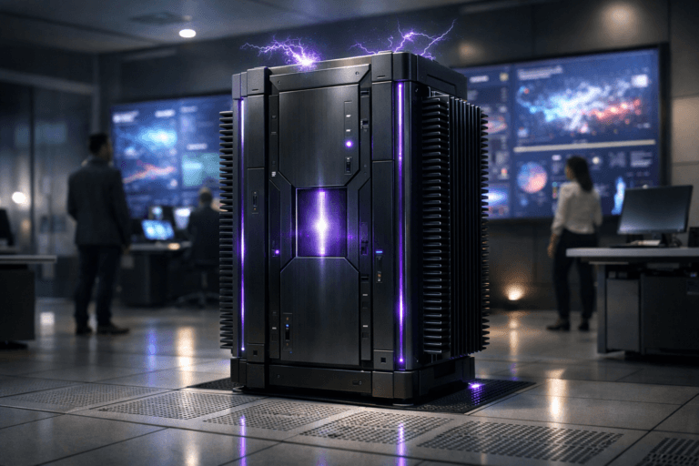 A photorealistic medium-wide cinematic shot, camera positioned approximately 1–2 meters from the subject, capturing a sleek floor-standing industrial electrical transformer unit acting as an AI core, with visible cooling fins, matte dark metal panels, subtle integrated circuitry details and small status indicators, emitting faint arcs of static electricity and a gentle internal glow with restrained electric-purple (#7B63FF) accents, clearly readable within a realistic environment. The object integrates subtle electric-purple accents indicating intelligence or activity without overpowering realism, with the color appearing in thin LED edge strips, soft reflections on nearby surfaces and a delicate corona around the faint electrical arcs. Set in a futuristic corporate AI operations control room with a white raised technical floor made of perforated cooling tiles for ventilation, surrounded by minimalist high-end workstations and glass partitions; the far wall is covered by large ultra-wide screens showing abstract real-time dashboards, graphs and heatmaps without any legible text, bathed in cool neutral tones with restrained neon highlights. A few diverse professionals in smart-casual attire move or stand in the background and periphery, observing the wall of data or interacting with consoles, slightly out of focus so the transformer-like AI core remains the hero object. Lighting is low-key and practical, coming from the glow of the wall screens, subtle floor-level LEDs and equipment indicators, complemented by a soft integrated white spotlight from above and slightly to the side, gently revealing the form, texture and depth of the transformer, the perforated floor tiles and surrounding tech surfaces. Cinematic realism, natural shallow-to-medium depth of field, premium materials, ultra-detailed, crisp reflections and soft shadows, 8K, no captions, no text overlays, no watermarks.