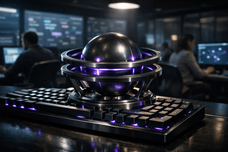 A photorealistic medium-wide cinematic shot, camera positioned approximately 1–2 meters from the subject, capturing a polished metallic fusion-reactor core — a solid dark metal sphere with subtle seams of electric-purple #7B63FF light — encircled by finely engineered magnetic rings held by slim structural supports, resting firmly on the raised keycaps of an oversized, high-end mechanical keyboard integrated into a sleek operations desk, clearly readable as the central control device for a conversational AI “control tower” platform within a realistic environment. The object integrates subtle electric-purple accents indicating intelligence or activity without overpowering realism, with faint pulses of purple light running along the rings and softly illuminating the gaps between the keyboard’s mechanical switches. Set in a dim, high-tech contact-center command room at night, in a Tech-Noir style space with neutral dark walls and glass partitions, lined with large wall-mounted screens softly displaying blurred dashboards of chat flows, funnel stages, and real-time metrics, plus side monitors showing abstracted conversation maps, while a diverse team of CX and growth professionals in modern business-casual attire work at neighboring workstations in the background, partially out of focus and clearly secondary to the main object. Lighting is low-key and practical, coming from the cool glow of the wall screens, individual desk monitors, and a few overhead fixtures, complemented by a soft integrated white spotlight from above and slightly to the side, gently revealing the sphere’s brushed metal texture, the matte finish of the magnetic rings, and the glossy keycaps, casting controlled reflections across the desk surface and a faint glow on nearby hands and faces. Cinematic realism, natural shallow-to-medium depth of field with the hero object in crisp focus and the humans and screens pleasantly blurred, neutral corporate tones with restrained electric-purple and cool cyan neon accents, premium materials, ultra-detailed, 8K, no captions, no text overlays, no watermarks.
