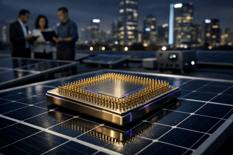 A photorealistic medium-wide cinematic shot, camera positioned approximately 1–2 meters from the subject, capturing a single gold CPU processor chip with finely detailed upward-facing pins resting precisely on the surface of a dark blue photovoltaic solar panel with a silver grid pattern, the chip rendered as the clear hero object with crisp reflections and clean geometry, clearly readable within a realistic environment. The object integrates subtle electric-purple #7B63FF accents along a few engraved circuit lines and faint reflections on its metallic edges, suggesting intelligence and activity without any exaggerated glow. Set on a corporate rooftop solar testing lab at night in São Paulo, surrounded by orderly rows of solar panels and a few low-profile monitoring devices, with a distant glass-and-steel skyline in soft focus lit by cool city lights and restrained neon, evoking a tech-noir mood. In the background and periphery, a small, diverse group of realistic professionals in business-casual attire stand near other equipment, casually reviewing data on laptops and tablets, slightly out of focus so they remain secondary to the chip. Lighting is low-key and practical, coming from building window glow, subtle indicator LEDs on nearby devices, and a soft integrated white spotlight from above and slightly to the side that gently reveals the form, texture, and depth of the chip and solar panel surface, creating natural shadows and a shallow-to-medium depth of field. Cinematic realism, neutral corporate color palette with restrained electric-purple accents, premium materials, ultra-detailed, 8K, no captions, no text overlays, no watermarks.