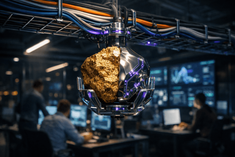 A photorealistic medium-wide cinematic shot, camera positioned approximately 1–2 meters from the subject, capturing a raw gold nugget the size of a human fist, half rough and half perfectly polished to a mirror shine, securely mounted in a sleek transparent tech cradle that emerges from a ceiling cable tray packed with neatly organized, color-coded network cables, clearly readable within a realistic environment. The object integrates subtle electric-purple (#7B63FF) accents indicating intelligence or activity without overpowering realism, with thin luminous pulses running through delicate engravings on the polished side and faint purple reflections dancing along nearby cables. Set in a real-world tech-noir enterprise AI war room: a dark, high-end control room with exposed ceiling infrastructure and overhead cable management, glass walls, and rows of modern workstations below, large wall screens and monitors displaying abstract real-time data visualizations and system dashboards with charts and grids but no legible text, nighttime city lights faintly visible through the glass. Natural human presence in the background and periphery: a diverse group of data professionals in smart-casual attire collaborating around glowing screens, some seated, some standing, all candid and focused on monitoring operations, rendered slightly out of focus so the gold nugget remains the hero. Lighting is low-key and practical, coming from the monitors, subtle linear ceiling fixtures, and a soft integrated white spotlight from above that grazes the gold nugget and cable tray, gently revealing metallic textures, reflections, and depth while leaving the rest of the room in moody shadow. Cinematic realism, 35mm lens look, natural shallow-to-medium depth of field, premium materials, subtle atmospheric haze, ultra-detailed, 8K, no captions, no text, no watermarks.