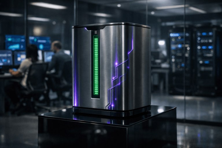 A photorealistic medium-wide cinematic shot, camera positioned approximately 1–2 meters from the subject, capturing a sleek, real-world waist-height lithium battery module standing on a black glass pedestal, with a precise brushed-metal finish and a clear vertical green charge indicator subtly intertwined with electric-purple #7B63FF circuitry glow, clearly readable within a realistic environment. The object integrates subtle electric-purple accents indicating intelligence or activity without overpowering realism. Set in a Tech-Noir ultra-modern sterile clean room inside a Brazilian e-commerce analytics lab, with glass walls revealing blurred diverse marketing professionals at ergonomic workstations, surrounded by softly glowing multi-screen analytics dashboards and discreet server racks in the background, cables and hardware neatly organized. Lighting is low-key and practical, combining the cool ambient glow of screens and ceiling panels with a soft integrated white spotlight from above that gently defines the battery’s form, texture, and reflections, casting controlled shadows on the pedestal and floor. Cinematic realism, natural shallow-to-medium depth of field, 35mm photographic look, neutral corporate tones with restrained neon purple and green accents, premium materials, ultra-detailed, 8K, no text, no watermarks.