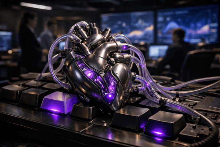 A photorealistic medium-wide cinematic shot, camera positioned approximately 1–2 meters from the subject, capturing a highly detailed mechanical heart-like biotech device as the hero object, its polished metal chambers rhythmically pumping a faintly luminous fluid through transparent tubes that snake outward and connect into the surface of a giant mechanical keyboard-style control console, the heart resting solidly across several oversized keycaps, all components clearly readable and physically plausible within a realistic environment. The object integrates subtle electric-purple (#7B63FF) accents in the softly glowing fluid and selective backlighting beneath a few keys, indicating intelligence and activity without overpowering realism. Set in a sophisticated Tech-Noir corporate command center at night, an analytics “cockpit” where a diverse team of professionals stands and sits in the background around the massive keyboard console, surrounded by large wall-mounted screens showing abstract data visualizations and dashboards (no legible text), cable runs, and contemporary office-tech furnishings, all slightly out of focus to keep the mechanical heart and keyboard interface as the main focal point. Lighting is low-key and practical, coming from the glow of the screens, subtle ceiling strips, and a soft integrated white spotlight from above and slightly to the side, gently revealing the form, brushed metal textures, glass tubes, and keycap details while casting controlled shadows across the console surface. Cinematic realism, natural shallow-to-medium depth of field, premium materials, subtle reflections, ultra-detailed, 8K, neutral corporate tones with restrained neon and electric-purple accents, no captions, no text overlays, no logos, no watermarks.