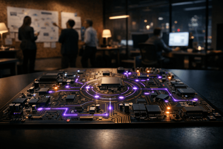A photorealistic medium-wide cinematic shot, camera positioned approximately 1–2 meters from the subject, capturing a complex real-world computer motherboard laid flat on a sleek dark desk, its copper traces and microchips crisply detailed like a strategic radar board visualizing customer journeys and competitive signals, clearly readable within a realistic environment. The object integrates subtle electric-purple #7B63FF accents running along select circuit paths and small status LEDs to indicate live intelligence and activity without overpowering realism. Set in a modern tech-noir customer experience command room in a corporate office at night, with a backdrop of natural cork acoustic wall panels covered in softly out-of-focus pinned journey maps, diagrams and benchmark charts, glass partitions revealing a faint neon-tinged city skyline, and adjacent workstations with dimly glowing monitors, with natural human presence in the background or periphery as diverse professionals in business-casual attire collaborate around screens and whiteboards, their figures and gestures visible but clearly secondary to the motherboard. Lighting is low-key and practical, coming from monitor glow, a couple of desk lamps and distant overhead fixtures, complemented by a soft integrated white spotlight from above and slightly to the side that grazes the motherboard, gently revealing form, texture and depth in the copper traces and components. Cinematic realism, natural depth of field, premium materials, ultra-detailed, 8K, no captions, no text overlays, no watermarks.