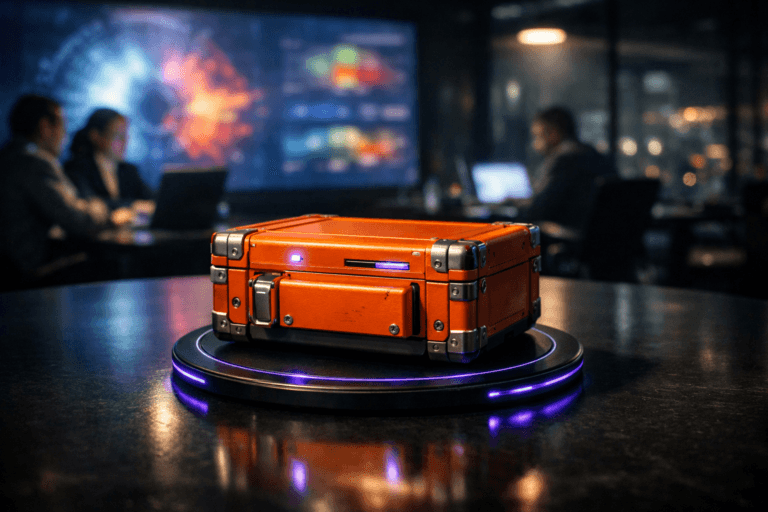 A photorealistic medium-wide cinematic shot, camera positioned approximately 1–2 meters from the subject, capturing a rugged, indestructible bright-orange airplane black box flight recorder as the hero object, redesigned with refined edges and premium metal housing, resting securely on a sleek circular black wireless charging pad at the center of a dark conference table in a high-end corporate marketing war room. The object integrates subtle electric-purple #7B63FF accents indicating intelligence or activity without overpowering realism, such as a thin illuminated ring along the charging pad and faint status LEDs on the device, softly reflected on the tabletop. Set in a Tech-Noir corporate marketing command center at night, with a wall-sized screen in the background displaying softly blurred, radial emotion-analytics visualizations and heatmaps, glass walls revealing a moody city skyline with scattered office lights, and a diverse group of professionals in business-casual attire collaborating around other screens and workstations in the periphery, their faces lit by monitor glow but kept slightly out of focus so the black box remains the clear focal point. Lighting is low-key and practical, driven by the large screen, laptops, and a few overhead fixtures, complemented by a soft integrated white spotlight from above and slightly to the side, gently revealing the form, texture, and subtle wear of the black box and charging pad, with natural reflections on the table surface and a shallow-to-medium depth of field. Cinematic realism, 35mm lens look, natural depth of field, premium materials, ultra-detailed, 8K, no text, no UI overlays, no captions, no watermarks.