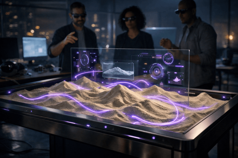 A photorealistic medium-wide cinematic shot, camera positioned approximately 1–2 meters from the subject, capturing a premium, waist-height augmented-reality sand table that manifests Human–Computer Interaction as a physical interface: fine pale sand sculpted into gentle topography, a semi-transparent glass control panel emerging from the surface, with subtle holographic widgets and data layers hovering just above the sand, gesture and eye-tracking sensors seamlessly embedded along the dark metal frame, and delicate electric-purple (#7B63FF) light trails coursing through the sand and around the holograms to indicate live, intelligent activity, all with realistic materials, clean geometry, and clearly readable details. The object integrates subtle electric-purple accents indicating intelligence or activity without overpowering realism. Set in a dimly lit mixed-reality innovation lab at night, with glass walls revealing a soft-focus city skyline, large monitors and AR headsets resting on nearby desks, scattered physical prototypes and cables adding believable clutter, and a small diverse group of UX and product designers in the background wearing understated AR glasses, casually gesturing and observing the sand table while remaining clearly secondary to it. Lighting is low-key and practical, coming from the glow of screens, the holographic panel, and a soft integrated white spotlight from above and slightly to the side, gently revealing form, texture, and depth across the sand, glass, and metal surfaces while casting subtle reflections on the floor. Cinematic realism, natural shallow-to-medium depth of field, neutral corporate tones with restrained electric-purple neon accents creating a refined Tech-Noir atmosphere, premium materials, ultra-detailed, 8K, no captions, no visible text or UI labels, no watermarks.