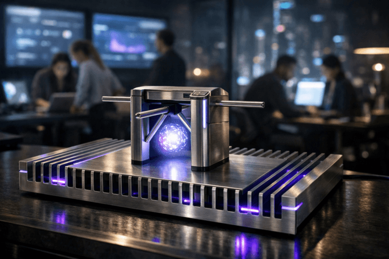 A photorealistic medium-wide cinematic shot, camera positioned approximately 1–2 meters from the subject, capturing a sleek metallic access-control turnstile gate as the hero object, miniaturized and precisely mounted on a large brushed-aluminum heat-sink slab with deep cooling fins, the turnstile arms partially open to suggest the controlled passage of a single softly glowing data-like object of light, clearly readable and sharply in focus within a realistic environment. The object integrates subtle electric-purple (#7B63FF) LED accents along its edges and within the heat-sink grooves, indicating intelligence and digital activity without overpowering realism. Set in a dim, tech-noir marketing command room, with the heat-sink slab forming part of a long workstation, multiple large wall-mounted screens in the background showing soft, out-of-focus interactive dashboards and data visualizations (no readable text), glass partitions, and a hint of a futuristic city skyline with neon reflections through a high-rise window, with natural human presence in the background or periphery — a diverse group of modern professionals in smart-casual attire collaborating around laptops and touch displays, captured candidly with neutral expressions and slightly blurred by depth of field so they remain secondary to the turnstile. Lighting is low-key and practical, coming from the glow of the screens and subtle desk lamps, complemented by a soft integrated white spotlight from above and slightly to the side of the hero object, gently revealing metallic surfaces, fine machining, and the depth of the fins while casting clean, cinematic shadows. Cinematic realism, natural shallow-to-medium depth of field, neutral corporate color palette with restrained electric-purple and cool teal accents, premium materials, ultra-detailed, 8K, no captions, no text overlays, no watermarks.