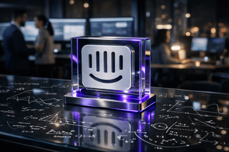 A photorealistic medium-wide cinematic shot, camera positioned approximately 1–2 meters from the subject, capturing a solid 3D isometric glass-and-metal desktop sculpture of the official Intercom logo, the icon cleanly embossed and softly backlit, resting on a sleek glass tabletop covered with hand-drawn mathematical formulas, graphs and analytic symbols in white marker, clearly readable within a realistic environment. The object integrates subtle electric-purple (#7B63FF) accents glowing along its edges, base and inner reflections, indicating intelligent AI activity and data flow without overpowering realism. Set in a modern tech-noir SaaS operations office at night, with softly blurred ultra-wide monitors in the background displaying abstracted customer-support dashboards, faint reflections of data visualizations on the glass surface, city lights and neon glows visible through a distant window, and a few diverse professionals in business-casual attire collaborating at nearby workstations in the periphery, slightly out of focus. Lighting is low-key and practical, coming from monitor screens, a discrete desk lamp and the distant city window glow, complemented by a soft integrated white spotlight from above and slightly to the side, gently revealing form, texture and depth on the Intercom logo sculpture, the glass surface and the white formula markings. Cinematic realism, natural shallow-to-medium depth of field, premium materials, subtle reflections and bokeh, neutral corporate color palette with restrained electric-purple neon accents, ultra-detailed, 8K, no captions, no text overlays, no watermarks.