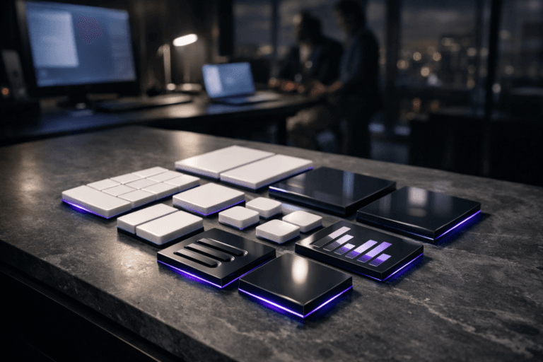 A photorealistic medium-wide cinematic shot, camera positioned approximately 1–2 meters from the subject, capturing a refined real-world hero object: a set of premium physical interface-design tiles, glossy white and deep charcoal acrylic cards representing minimal UI panels, buttons, charts, and bento-grid dashboard blocks, arranged in a precise, harmonious isometric composition on a matte gray soapstone surface atop a sleek workstation, each tile clean, icon-free and copy-free, their edges catching subtle electric-purple #7B63FF accents indicating intelligent digital activity, clearly readable within a realistic environment. The object integrates subtle electric-purple accents indicating intelligence or activity without overpowering realism. Set in a contemporary tech-noir UX design studio at night, with a large monitor and laptop screens glowing softly in the background, hints of a distant cityscape through a high-rise window, glass walls and dark cabinetry, and a few out-of-focus, diverse professionals collaborating around the workspace in the periphery. Lighting is low-key and practical, coming from screen glow and a desk lamp, complemented by a soft integrated white spotlight from above and slightly to the side, gently revealing the stone texture, reflections on the acrylic tiles, and fine material details while the background falls into a gentle blur. Cinematic realism, 35mm lens look, natural shallow depth of field, neutral corporate color palette with restrained neon purple accents, premium materials, ultra-detailed, 8K, no on-screen text, no captions, no watermarks.
