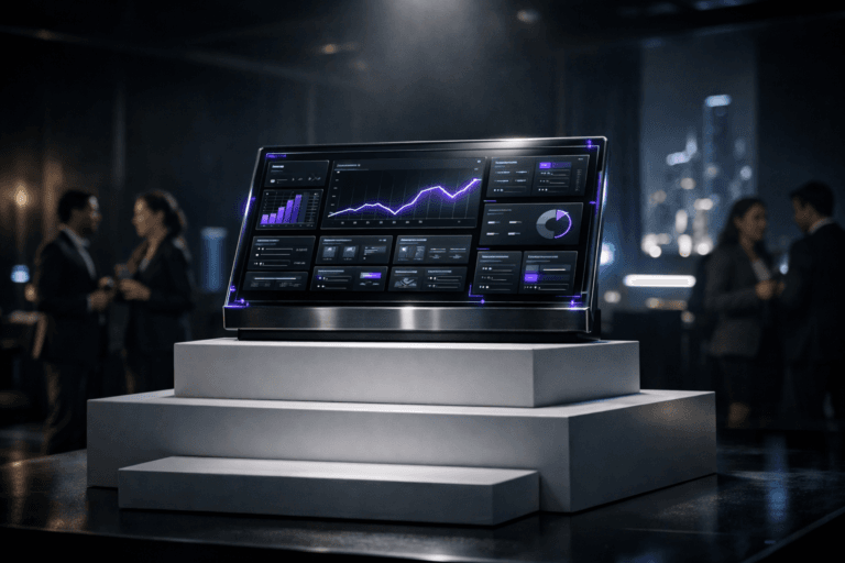 A photorealistic medium-wide cinematic shot, camera positioned approximately 1–2 meters from the subject, capturing a sleek glass-and-metal control dashboard as the hero object, rising from the highest step of a pristine three-tier white awards podium, the dashboard filled with neatly structured UI panels, cards and charts arranged in a harmonious, slightly isometric-inspired composition, symbolizing user interface as a strategic product asset, with subtle electric-purple #7B63FF accents tracing key elements and edges to indicate intelligence and activity without overpowering realism. Set in a refined Tech-Noir corporate award stage inside a modern conference hall, with a dark, minimalist backdrop, soft ambient glow from distant LED walls and monitors, and a hint of a futuristic city skyline through a high window in the background; a small group of diverse professionals in business attire stands and moves naturally at the periphery, slightly out of focus, observing the podium and conversing quietly. Lighting is low-key and practical, mixing the cool glow of interfaces with a soft integrated white spotlight from above and slightly to the side, gently revealing the form, texture and depth of the podium and the dashboard’s premium materials, with natural reflections on glass and brushed metal. Shot on a 35mm lens with shallow-to-medium depth of field for cinematic realism, neutral corporate color palette with restrained neon purple accents, natural grain, ultra-detailed surfaces, 8K resolution, no captions, no visible UI copy, no logos, no watermarks.