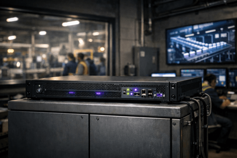 A photorealistic medium-wide cinematic shot, camera positioned approximately 1–2 meters from the subject, capturing a sleek black 2U rack server with ventilated metal front panel and softly blinking status LEDs, physically mounted on top of a sturdy industrial gray electrical distribution cabinet, cables neatly routed, the server’s ports and indicator lights clearly readable within a realistic environment. The object integrates subtle electric-purple (#7B63FF) accents in a few status LEDs and a faint internal glow through the ventilation slots, suggesting intelligent real-time processing activity without overpowering realism. Set in a Brazilian consumer-goods factory control room at night, with a large interior window revealing a connected production line and an illuminated digital twin of an industrial conveyor belt on wall-mounted monitors and dashboards, surrounded by additional control consoles, wiring conduits, and industrial details, all contributing to a grounded tech-noir atmosphere. Natural human presence in the background: a small group of diverse engineers and operators in professional industrial attire and safety vests, standing or seated at workstations, candidly monitoring data and the line, softly out of focus so the server and cabinet remain the clear hero objects. Lighting is low-key and practical, coming from overhead industrial fixtures, computer monitors, indicator lamps, and the glow of the digital twin screens, complemented by a soft integrated white spotlight from above and slightly to the side of the server and cabinet, gently revealing metal texture, vents, and subtle wear, with a color palette of neutral grays, deep blues, and restrained electric-purple accents for a refined corporate tech-noir mood. Cinematic realism, natural shallow-to-medium depth of field, premium industrial materials, ultra-detailed, 35mm lens look, 8K, no captions, no text overlays, no watermarks.