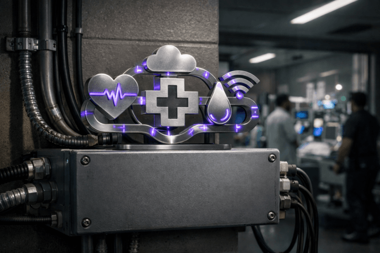 A photorealistic medium-wide cinematic shot, camera positioned approximately 1–2 meters from the subject, capturing a sleek real-world tabletop sculpture representing the Internet of Things in Healthcare: a brushed-metal and frosted-glass IoT medical hub formed by interconnected miniature medical icons (heart monitor, hospital cross, dropper, cloud, sensor nodes) with fine embedded LED light paths, physically resting on a matte industrial grey electrical distribution box fixed to the wall, cables and conduits emerging neatly from its sides, clearly readable within a realistic environment. The object integrates subtle electric-purple (#7B63FF) accents indicating intelligence and real-time data flow, faint pulses running along the light paths and edges without overpowering the natural materials or overall realism. Set in a tech-noir high-tech hospital service corridor in a Brazilian public hospital, with rows of industrial electrical distribution panels, conduits, and discreet network cabling along the walls, and a glass viewing window revealing a softly blurred connected ICU beyond, where diverse healthcare professionals and an IT/biomedical engineer move naturally among ventilators, infusion pumps, and monitoring screens, all slightly out of focus so they remain secondary to the hero object. Lighting is low-key and practical, coming from overhead fluorescent strips, small status LEDs on medical equipment, and the corridor’s emergency sconces, complemented by a soft integrated white spotlight from above and slightly to the side of the sculpture, gently revealing form, texture, and depth on the metal, glass, and industrial paint of the electrical box. Subtle reflections and shadows ground the sculpture realistically, with neutral corporate tones (greys, soft whites, muted blues) balanced by restrained electric-purple accents on select device indicators and light leaks from the ICU. Cinematic realism, natural shallow-to-medium depth of field, premium materials, ultra-detailed surfaces and cabling, no captions or UI elements, no floating graphics, no watermarks, 8K.