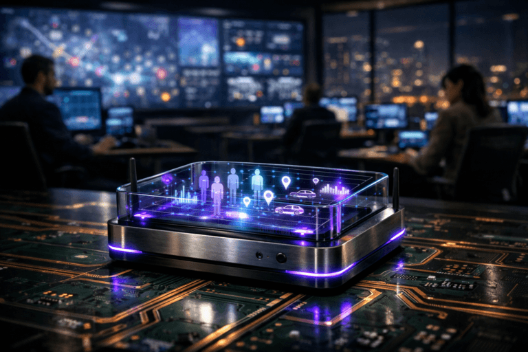 A photorealistic medium-wide cinematic shot, camera positioned approximately 1–2 meters from the subject, capturing a sleek, transparent glass-and-brushed-metal tabletop device — a compact rectangular hub with embedded sensors and fine antenna details, its upper surface showing layered holographic-style visualizations of people silhouettes, vehicles, location pins, and analytics graphs — as a tangible “Internet of Behavior” control core, clearly readable within a realistic environment. The object integrates subtle electric-purple (#7B63FF) light accents along its edges and within key data lines, indicating intelligence and real-time activity without overpowering realism. Set in a dark, high-end smart-city command center where the hero device rests on an oversized green printed-circuit-board surface built into a central control table, with copper traces running like city streets across the tabletop, large wall-to-wall data screens in the background showing softly blurred maps, heatmaps, and live camera feeds, and panoramic windows revealing a futuristic city at night with traffic and building lights; diverse professionals in smart-casual attire work at surrounding workstations in the background and periphery, partially out of focus, interacting with consoles and displays. Lighting is low-key and practical, coming from the glow of wall screens, desk monitors, and the city outside, complemented by a soft integrated white spotlight from above that gently highlights the hero device and the copper traces on the circuit-board table, revealing form, texture, and depth while the rest of the room falls into cooler shadows with restrained blue and purple neon reflections. Cinematic realism, natural shallow-to-medium depth of field, 35mm lens look, premium materials, ultra-detailed, 8K, no captions, no on-screen text, no watermarks.