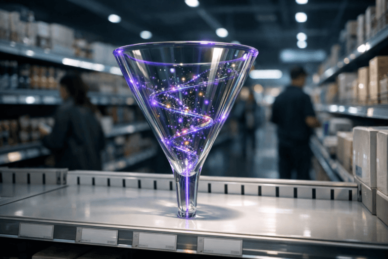 A photorealistic medium-wide cinematic shot, camera positioned approximately 1–2 meters from the subject, capturing a sleek translucent glass data funnel as the hero object, shaped like a modern laboratory funnel standing upright on a pristine white supermarket shelf, with tiny multicolored particles and soft light-trails spiraling smoothly downward inside the glass to suggest intelligent data flow. The funnel has premium, slightly reflective surfaces and subtle electric-purple (#7B63FF) accents glowing along its edges and within some of the spiraling particles, indicating hidden intelligence and interoperability without feeling sci-fi or overpowering. The shelf is part of a clean grocery aisle gondola in a contemporary supermarket, with white metal rails and minimalistic price-tag holders beneath the object showing blank or unreadable labels, surrounded by neatly arranged products in neutral packaging that remain softly out of focus so the funnel stands out clearly. Set in a tech-noir inspired retail environment at night, with cool overhead aisle lighting, discreet LED shelf strips and faint reflections of digital shelf displays creating a calm, data-driven atmosphere; in the mid- and background, a few diverse shoppers and a store employee move naturally and candidly along the aisle, slightly blurred by depth of field so they feel real but secondary to the glass funnel. Lighting is low-key and practical, coming from overhead supermarket fixtures and subtle screen-like glows, complemented by a soft integrated white spotlight from above and slightly to the side of the funnel, gently revealing the form, thickness of the glass, internal particles, and textures of the nearby products while casting delicate shadows on the shelf. The overall palette is neutral corporate tones—whites, grays, soft beiges—with restrained electric-purple accents in reflections and light trails to convey a modern martech, retail-media mood. Cinematic realism, natural shallow-to-medium depth of field, 35mm photographic look, premium materials, ultra-detailed, 8K, no captions, no readable text overlays, no watermarks.