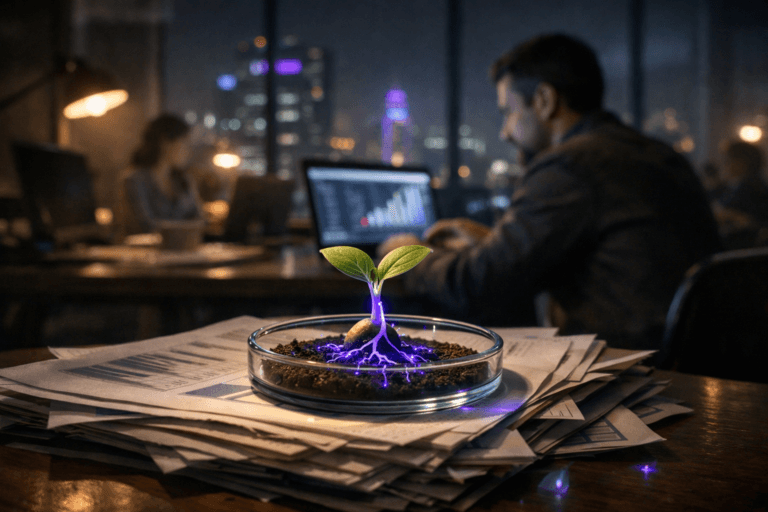 A photorealistic medium-wide cinematic shot, camera positioned approximately 1–2 meters from the subject, capturing a small glass petri dish resting atop a slightly disordered stack of printed financial reports and newspapers on a founder’s desk, containing a single realistic germinating seed with delicate roots and fresh green leaves, its veins and fine root network subtly glowing with electric-purple #7B63FF accents to suggest intelligent growth and an internal investment “compass,” clearly readable within a realistic environment. The object integrates subtle electric-purple accents indicating intelligence or activity without overpowering realism. Set in a dimly lit, modern coworking space in São Paulo at night, with large windows revealing a soft-focus urban skyline and distant neon-lit office towers, neutral-toned desks and laptops around, and a few diverse professionals in business-casual attire working in the background, slightly out of focus, one founder seated behind the hero object analyzing charts on a laptop screen. Lighting is low-key and practical, coming from desk lamps, laptop and monitor screens, and a faint city glow through the windows, complemented by a soft integrated white spotlight from above and slightly to the side, gently revealing the textures of the paper stack, the smooth glass of the petri dish, and the moist soil around the seedling, with subtle reflections of electric purple on nearby surfaces. Cinematic realism, natural depth of field, premium materials, ultra-detailed, 8K, no captions, no readable text, no watermarks, no floating elements.