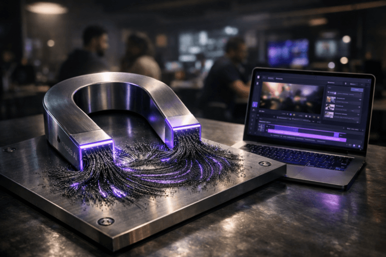 A photorealistic medium-wide cinematic shot, camera positioned approximately 1–2 meters from the subject, capturing a large polished steel horseshoe magnet resting on a brushed metal plate with visible industrial screws in the corners, the magnet attracting delicate iron filings into clear magnetic field-line patterns, with the InVideo AI logo subtly printed on the side of the magnet and a sleek laptop nearby on the same metal surface showing an abstracted InVideo AI video-editing interface, both clearly readable within a realistic environment. The object integrates subtle electric-purple #7B63FF accents indicating intelligence and activity through gentle neon reflections in the iron filings, thin illuminated edges on the magnet, and a soft purple-blue glow from the laptop screen, without overpowering realism. Set in a dim, tech-noir style modern marketing studio and video-editing workspace, with out-of-focus diverse professionals collaborating around the workstation in the background and additional screens and equipment hinting at a high-paced content production environment. Lighting is low-key and practical, coming from the laptop screen, distant monitors, and a few understated overhead fixtures, complemented by a soft integrated white spotlight from above and slightly to the side, gently revealing the form, texture, and depth of the magnet, filings, and metal plate while the background falls into a tasteful blur. Cinematic realism, natural shallow-to-medium depth of field, neutral corporate tones with restrained electric-purple neon accents, premium materials, ultra-detailed, 8K, no captions, no text overlays, no watermarks.