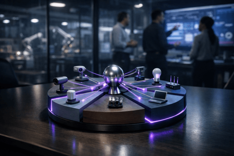 A photorealistic medium-wide cinematic shot, camera positioned approximately 1–2 meters from the subject, capturing a stylized but tangible IoT data sculpture clearly readable within a realistic environment: a polished metallic central hub with fine, semi-transparent connection lines extending to small, realistic device and sensor miniatures, all emerging from a multi-segment 3D wooden pie chart, each segment made of painted wood in muted corporate tones, resting on a dark, premium tabletop. The object integrates subtle electric-purple (#7B63FF) accents along the connection lines and glowing edges of the pie-chart segments, indicating intelligence and data flow without overpowering realism. Set in a late-night smart factory analytics control room with a refined tech-noir mood, the sculptural wooden pie chart centerpiece on the conference table in the foreground, glass walls revealing a softly blurred industrial production line with machines and robotic arms beyond, and large wall-mounted screens casting cool blue and purple ambient light. Natural human presence in the background and periphery: a small, diverse group of engineers and operations managers in business-casual attire, candidly discussing and gesturing toward the screens and the table, slightly out of focus so the IoT sculpture remains the hero. Lighting is low-key and practical, coming from overhead industrial fixtures, monitor glow, and a soft integrated white spotlight from above and slightly to the side of the sculpture, gently revealing the form, texture of the painted wood, brushed metal surfaces, and fine cabling details, with controlled reflections on the tabletop. Cinematic realism, natural shallow-to-medium depth of field with a 35mm lens feel, neutral corporate color palette with restrained electric-purple and cool cyan accents, premium materials, ultra-detailed, 8K, no text, no captions, no watermarks.