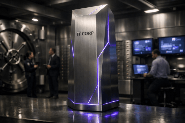 A photorealistic medium-wide cinematic shot, camera positioned approximately 1–2 meters from the subject, capturing a sleek physical sculpture representing the IT Corp compliance control core — a premium brushed-metal monolith with clean geometric facets, embedded LED light lines in subtle electric purple #7B63FF, and a discreet IT Corp logo precisely engraved on its front face — clearly readable within a realistic environment. The object integrates subtle electric-purple accents indicating intelligence or activity without overpowering realism, with gentle illuminated lines and reflections running along its edges and base. Set in a high-security tech-noir bank vault environment, with thick brushed stainless-steel walls, a massive circular vault door, rows of safety-deposit boxes, and a few wall-mounted security monitors softly displaying out-of-focus compliance dashboards that also carry small, realistic IT Corp logos, with natural human presence in the background or periphery: diverse, professionally dressed security and IT analysts near the vault entrance and consoles, slightly out of focus, interacting with tablets and screens while remaining clearly secondary to the sculpture. Lighting is low-key and practical, coming from overhead industrial fixtures, the cool glow of the security monitors, and a hint of light from the open vault entrance, complemented by a soft integrated white spotlight from above and slightly to the side, gently revealing the sculpture’s metal form, texture, and depth while casting subtle, cinematic shadows across the vault floor. Cinematic realism, natural shallow-to-medium depth of field, neutral corporate tones of steel, graphite, and charcoal with restrained electric-purple accents, premium materials, ultra-detailed, 35mm–50mm lens look, 8K, no captions, no text overlays, no watermarks.