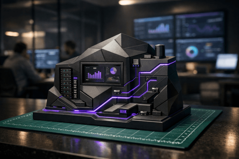 A photorealistic medium-wide cinematic shot, camera positioned approximately 1–2 meters from the subject, capturing a physical, desk-sized 3D-printed sculpture representing IT Operations as the hero object: an isometric, matte black and gunmetal control-panel monolith with clean geometric facets, embedded miniature server racks, dashboard-like graphs, cable routes, and data-flow lines, resting precisely on a green cutting mat with a crisp white measurement grid atop a modern tech operations desk, clearly readable within a realistic environment. The object integrates subtle electric-purple accents (color #7B63FF) tracing along edges and data paths, suggesting intelligence, telemetry, and system activity without overpowering realism. Set in a dimly lit IT operations and product “war room” office at night, with large wall-mounted dashboards and ultrawide monitors glowing softly in the background, glass partitions, and a few blurred, diverse IT Ops and Product Managers collaborating around workstations in the periphery. Lighting is low-key and practical, coming from the monitors and a few desk lamps, complemented by a soft integrated white spotlight from above and slightly to the side, gently revealing the sculpture’s form, texture, and depth, with subtle reflections on the desk surface. Cinematic realism, 35mm lens look, natural shallow-to-medium depth of field with the background softly out of focus, neutral corporate tones with restrained electric-purple neon accents, premium materials, ultra-detailed, 8K, no captions, no text overlays, no watermarks.