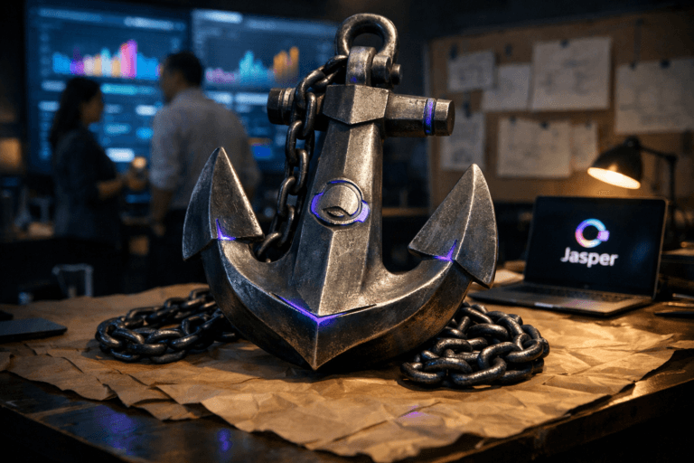 A photorealistic medium-wide cinematic shot, camera positioned approximately 1–2 meters from the subject, capturing a heavy steel ship anchor as the hero object, its chain firmly grounded on the floor and partially coiled over a large campaign table covered in crumpled-then-smoothed kraft paper, with a subtle Jasper AI logo engraved into the metal and a small Jasper AI logo visible on a nearby laptop screen, both clearly readable yet not dominating the frame, within a realistic environment. The object integrates subtle electric-purple #7B63FF accents, such as a faint tech-like glow along engraved lines in the anchor and soft reflections from nearby screens, indicating intelligence and activity without overpowering realism. Set in a tech-noir corporate “marketing war room” at night inside a modern office: walls with large screens showing abstract marketing dashboards and data visualizations (traffic, leads, CAC, revenue represented only by graphs and colored bars, no legible text), sections of the wall lined with taped kraft-paper sheets bearing blurred diagrams, and a diverse team of marketing professionals in business-casual attire moving and collaborating in the background and periphery, slightly out of focus and secondary to the anchor. Lighting is low-key and practical, combining cool ambient glow from the dashboard screens with a warm desk lamp and a soft integrated white spotlight from above and slightly to the side of the anchor, gently revealing form, texture, and depth of the metal, chain, and kraft paper. Cinematic realism, natural shallow-to-medium depth of field with the anchor in crisp focus, 35mm lens look, neutral corporate tones with restrained neon purple accents, premium materials, ultra-detailed, 8K, no captions, no UI overlays, no watermarks.