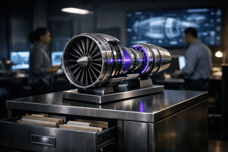 A photorealistic medium-wide cinematic shot, camera positioned approximately 1–2 meters from the subject, capturing a refined real-world hero object: a stylized but realistic physical desk sculpture of a jet engine, with clean geometric segments and exposed fan blades, rendered as a premium metallic tabletop model resting solidly on a base, clearly readable within a realistic environment. The object integrates subtle electric-purple (#7B63FF) accents along select turbine rings and edge lighting, suggesting data and intelligence flowing through the engine without overpowering realism. Set in a moody, tech-noir aerospace operations office at night, featuring a tall steel filing cabinet in the mid-ground with several drawers slightly open and neatly arranged folders and unlabeled index tabs visible, the jet engine sculpture placed on top of the cabinet; in the soft-focus background, a couple of diverse aerospace engineers in business-casual attire move naturally between desks with glowing monitors and large wall screens showing abstract flight data and engine schematics, adding believable human presence in the periphery. Lighting is low-key and practical, coming from computer screens, a distant window glow and a few overhead fixtures, complemented by a soft integrated white spotlight from the upper side that gently reveals the metallic textures of the jet engine sculpture and the brushed steel of the filing cabinet, creating subtle reflections and depth. Cinematic realism, natural shallow-to-medium depth of field, neutral corporate color palette with restrained electric-purple and cyan neon accents, premium materials, ultra-detailed, 8K, no captions, no visible UI, no text overlays, no watermarks.