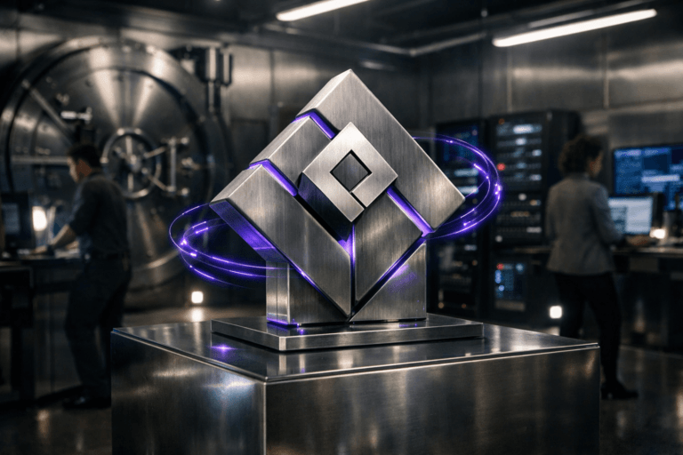 A photorealistic medium-wide cinematic shot, camera positioned approximately 1–2 meters from the subject, capturing a solid three-dimensional isometric sculpture of the Jira logo as the central hero object, built from brushed steel and glass with the official Jira mark clearly visible on its front face, mounted on a low polished metal pedestal and surrounded by subtle electric-purple #7B63FF light traces that hint at data flow and intelligence, clearly readable within a realistic environment. The object integrates subtle electric-purple accents indicating intelligence or activity without overpowering realism. Set in a high-security bank vault converted into a modern technology command room, with thick brushed stainless-steel walls, a massive circular vault door in the background, discreet racks of servers and wall-mounted monitors casting soft interface glow, and a few diverse professionals in business-casual attire working at consoles in the background and periphery, slightly out of focus. Lighting is low-key and practical, coming from overhead industrial strip lights, the glow of screens, and small floor-level LEDs, complemented by a soft integrated white spotlight from above and slightly to the side that gently reveals the Jira sculpture’s form, texture, and depth, with realistic reflections on the steel vault surfaces. Cinematic realism, natural shallow-to-medium depth of field, neutral corporate color palette with restrained neon purple and cool blue accents, premium materials, ultra-detailed, 8K, no text, no captions, no watermarks.