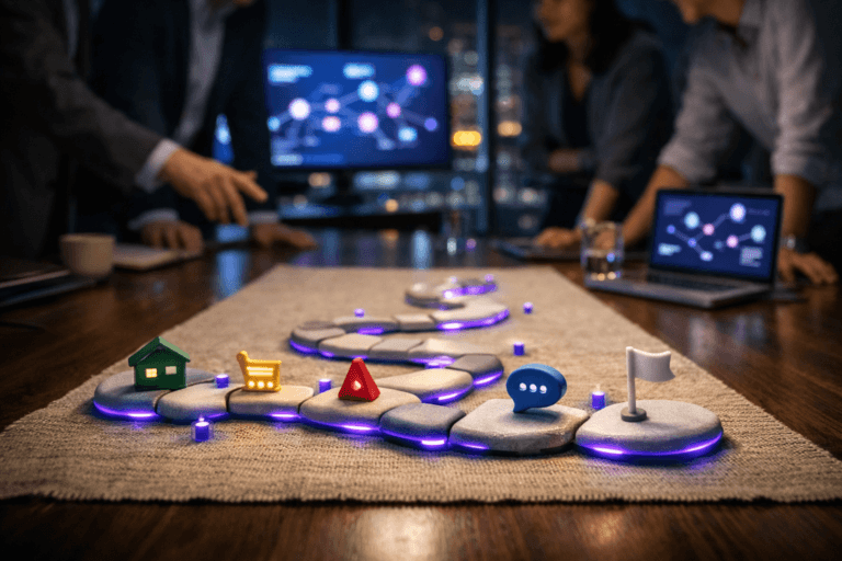 A photorealistic medium-wide cinematic shot, camera positioned approximately 1–2 meters from the subject, capturing a refined physical tabletop model of a customer journey: a sinuous path of smooth, softly luminous stone tiles connecting distinct color‑coded station nodes, all arranged on a tactile woven raw‑linen surface atop a conference table, styled with subtle 3D isometric geometry and clearly readable as the hero object within a realistic environment. The object integrates subtle electric‑purple #7B63FF accents along the edges and internal glow of the stones, indicating intelligence and activity without overpowering realism. Set in a modern corporate strategy war‑room at night, with glass walls revealing a moody city skyline and distant neon reflections, large screens and laptop displays showing abstract analytics and journey diagrams casting cool ambient light, and a raw‑linen runner adding texture across the table. Natural human presence appears in the background and periphery as a diverse group of professionals, slightly out of focus, standing and leaning over the table in candid collaboration, gesturing toward the luminous path. Lighting is low‑key and practical, coming from screens, a few overhead fixtures, and a soft integrated white spotlight from above that grazes the stones and linen, gently revealing form, texture, and depth while the background falls into a subtle blur. Cinematic realism, natural shallow‑to‑medium depth of field, neutral corporate tones with restrained electric‑purple accents, premium materials, ultra‑detailed, 8K, no text, no watermarks.