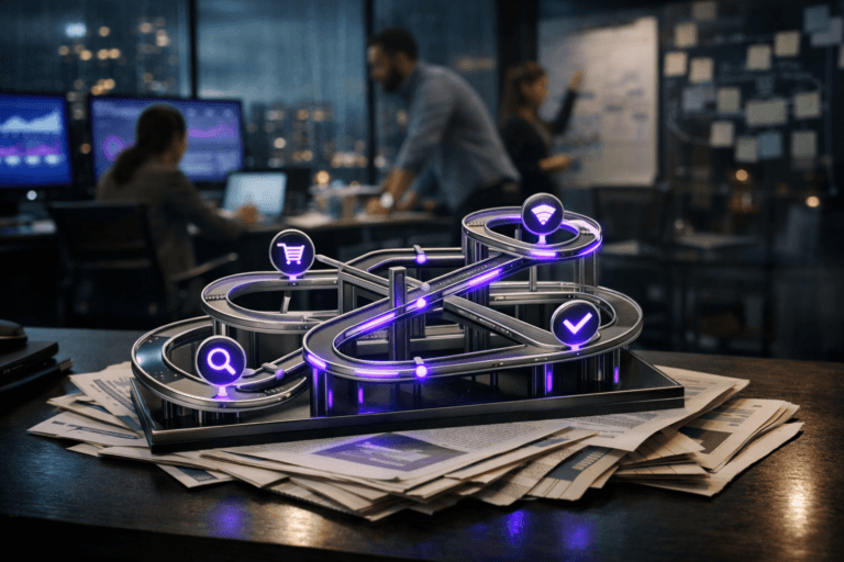 A photorealistic medium-wide cinematic shot, camera positioned approximately 1–2 meters from the subject, capturing a stylized physical tabletop sculpture representing the customer purchase journey: a glossy, premium 3D isometric metro-map–like pathway looping through multiple levels with clean geometric tracks, nodes and arrows, built as a solid object in metal and acrylic, resting on a slightly disordered stack of printed financial reports and folded business newspapers on a dark modern desk, clearly readable within a realistic environment. The object integrates subtle electric-purple (#7B63FF) accents along key paths and nodes, with a faint inner glow suggesting data intelligence and activity without overpowering realism. Set in a dimly lit contemporary marketing and CX analytics war room at night in a high-rise office, with floor-to-ceiling windows revealing a rainy tech-noir city skyline and soft neon reflections, multiple large monitors showing abstracted charts and dashboards, and glass walls covered with unfocused sticky notes and journey diagrams, with a diverse group of professionals in smart casual attire blurred in the background, collaborating around laptops and whiteboards in candid poses at the room’s periphery. Lighting is low-key and practical, driven by monitor glow, desk lamps and city lights, complemented by a soft integrated white spotlight from above and slightly to the side, gently revealing the form, texture and depth of the journey sculpture, the papers and the desktop surface. Cinematic realism, natural shallow-to-medium depth of field, 35mm–50mm lens look, neutral corporate color palette with restrained electric-purple neon accents, premium materials, ultra-detailed, 8K, no captions, no legible text, no watermarks.