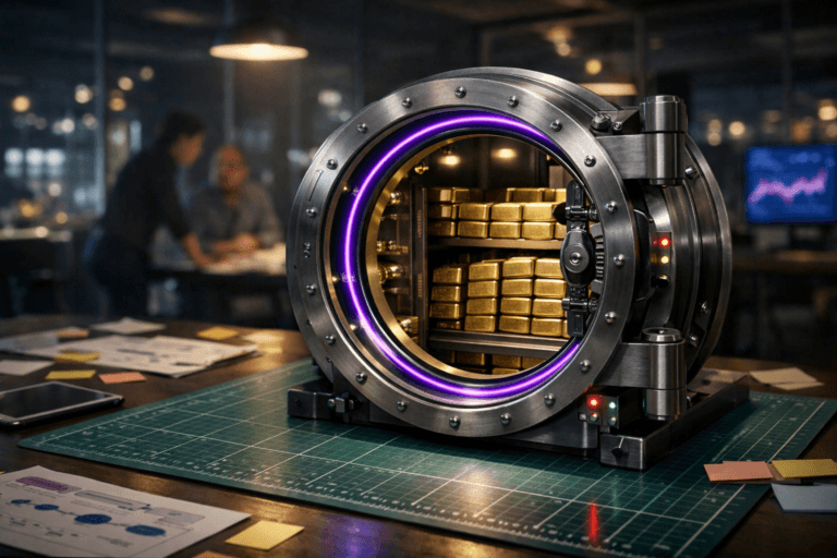 A photorealistic medium-wide cinematic shot, camera positioned approximately 1–2 meters from the subject, capturing a slightly open circular bank vault door model resting on a large worktable, placed precisely on a green cutting mat with a white measurement grid, the heavy metallic door revealing meticulously stacked gold bars with refined details and brushed-steel texture, subtle electric-purple (#7B63FF) accent light tracing the inner rim of the vault and small indicator LEDs to suggest intelligent, data-driven activity, clearly readable within a realistic environment. The object integrates subtle electric-purple accents indicating intelligence or activity without overpowering realism. Set in a dimly lit, modern customer experience design studio at night, with the worktable scattered with sticky notes, printed customer journey maps and tablets, blurred UX and CX professionals collaborating in the background, glass walls reflecting soft city lights and the glow of nearby monitors showing abstract analytics dashboards, all styled with neutral corporate tones and restrained neon reflections for a Tech-Noir atmosphere, with natural human presence in the background or periphery. Lighting is low-key and practical, coming from overhead pendant lamps, monitor glow and a soft integrated white spotlight from above and slightly to the side of the vault, gently revealing form, texture, and depth on the metal, gold bars and cutting mat surface. Cinematic realism, natural depth of field, premium materials, ultra-detailed, 8K, no captions, no text overlays, no watermarks.
