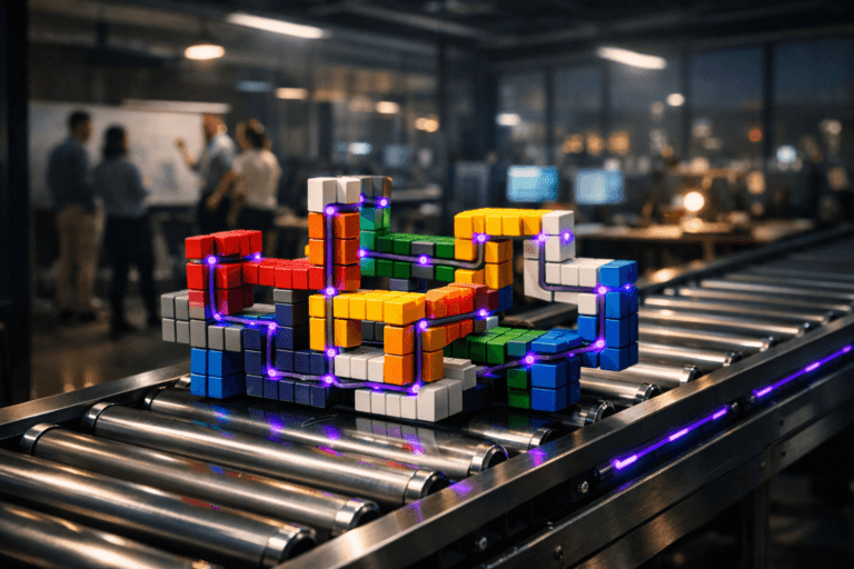 A photorealistic medium-wide cinematic shot, camera positioned approximately 1–2 meters from the subject, capturing a neatly organized cluster of modular, colorful physical building blocks interlocking into a stylized three-dimensional subway-map-like structure, resting firmly on a sleek industrial conveyor belt with silver rollers, clearly readable within a realistic environment. The object integrates subtle electric-purple (#7B63FF) accents along edges and connection points, with a faint tech glow reflecting on the metal rollers, indicating intelligence or activity without overpowering realism. Set in a modern tech-enabled industrial floor inside a Brazilian mid-sized company’s innovation space, with the conveyor line running through a dimly lit workshop area, glass walls, distant screens and monitors emitting soft data-like light (no legible text), and an evening city skyline hinted through windows, all treated with a restrained Tech-Noir aesthetic, with natural human presence in the background or periphery: a small, diverse group of professionals in business-casual attire gathered around whiteboards and worktables, engaged in a strategy workshop, softly out of focus. Lighting is low-key and practical, coming from overhead industrial fixtures, screens, and a few desk lamps, complemented by a soft integrated white spotlight from above and slightly to the side that gently reveals the form, texture, and depth of the blocks and conveyor, creating subtle reflections on metal and plastic. Cinematic realism, 35mm lens look, natural shallow-to-medium depth of field, neutral corporate tones with restrained neon purple accents, premium materials, ultra-detailed, 8K, no captions, no text overlays, no watermarks, no floating elements.