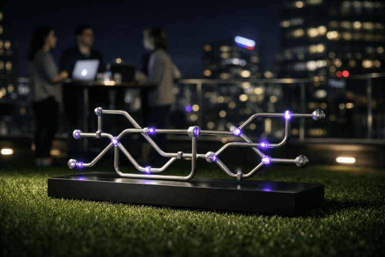 A photorealistic medium-wide cinematic shot, camera positioned approximately 1–2 meters from the subject, capturing a refined real-world hero object: a sleek physical desktop sculpture representing a user journey, designed like a metro map with interconnected brushed-metal paths and raised station nodes, mounted on a low matte-black plinth placed on perfectly trimmed vibrant green synthetic grass; the sculpture has premium glass and aluminum finishes, with subtle electric-purple (#7B63FF) accents glowing softly along key nodes and connection points to suggest intelligent, data-driven flow, clearly readable within a realistic environment. The object integrates subtle electric-purple accents indicating intelligence or activity without overpowering realism. Set in a night-time tech company rooftop terrace with synthetic turf, glass railings and a distant corporate city skyline with soft neon reflections, giving a Tech-Noir mood; a few diverse UX and product professionals in smart-casual clothing are seen in the background in soft focus, conversing near a standing table with laptops open, their screens casting additional practical light, remaining secondary to the sculpture. Lighting is low-key and practical, coming from discreet floor-level LED strips, laptop screens and faint city glow, complemented by a soft integrated white spotlight from above and slightly to the side, gently revealing the form, texture and depth of the journey sculpture and the grass. Cinematic realism, natural shallow-to-medium depth of field with the hero object in crisp focus, 35mm lens look, neutral corporate color palette with restrained electric-purple accents, premium materials, ultra-detailed, 8K, no captions, no text overlays, no watermarks.